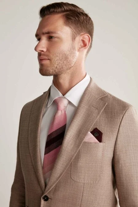 Çizgi Desen Pembe Beyaz Örgü Kravat