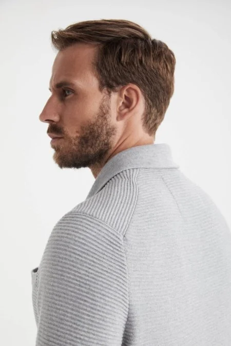 Çizgi Desen Saf Kaşmir Açık Gri Triko Ceket