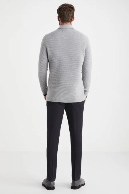 Çizgi Desen Saf Kaşmir Açık Gri Triko Ceket