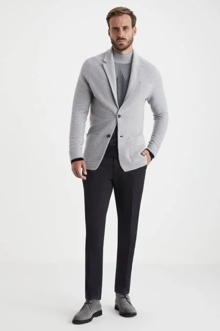 Çizgi Desen Saf Kaşmir Açık Gri Triko Ceket