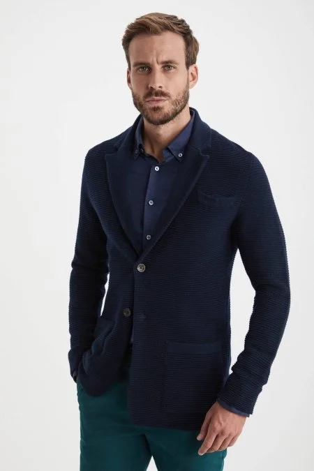 Çizgi Desen Saf Kaşmir Lacivert Triko Ceket