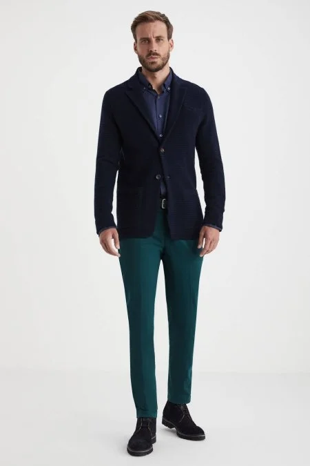 Çizgi Desen Saf Kaşmir Lacivert Triko Ceket