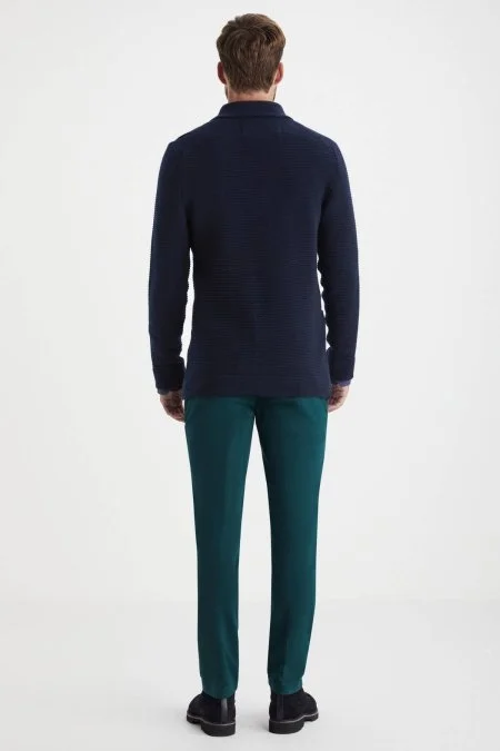 Çizgi Desen Saf Kaşmir Lacivert Triko Ceket