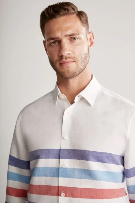 Çizgi Desen Saf Keten Mavi Beyaz Gömlek