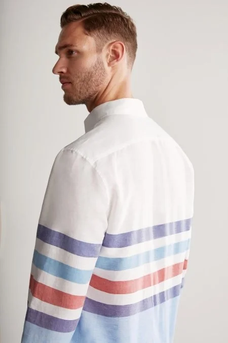 Çizgi Desen Saf Keten Mavi Beyaz Gömlek