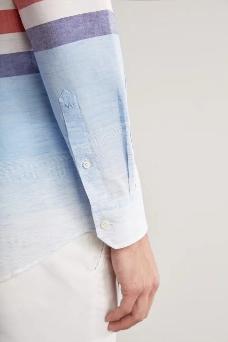 Çizgi Desen Saf Keten Mavi Beyaz Gömlek