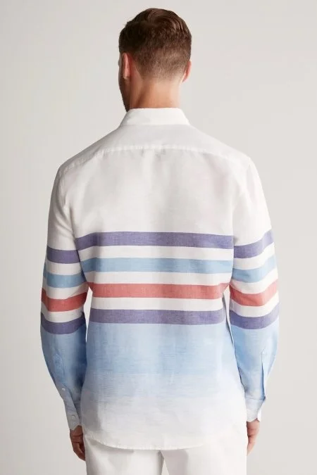 Çizgi Desen Saf Keten Mavi Beyaz Gömlek