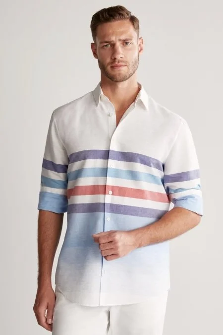 Çizgi Desen Saf Keten Mavi Beyaz Gömlek
