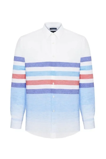 Çizgi Desen Saf Keten Mavi Beyaz Gömlek