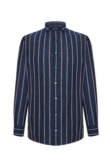 Çizgi Desen İtalyan Yaka Saf Keten Lacivert Gömlek