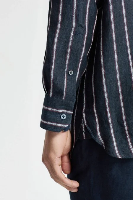 Çizgi Desen İtalyan Yaka Saf Keten Lacivert Gömlek