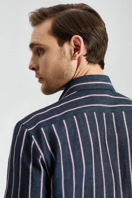 Çizgi Desen İtalyan Yaka Saf Keten Lacivert Gömlek