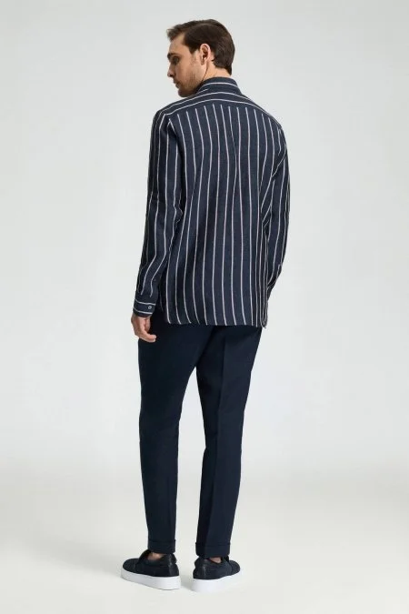 Çizgi Desen İtalyan Yaka Saf Keten Lacivert Gömlek