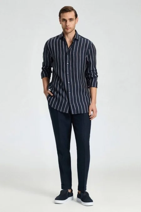 Çizgi Desen İtalyan Yaka Saf Keten Lacivert Gömlek