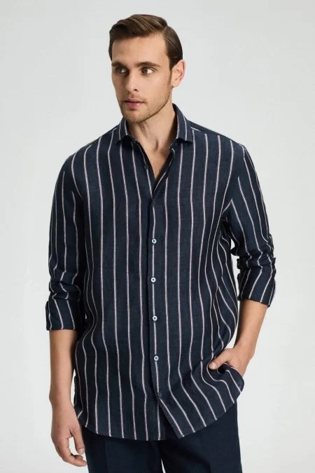 Çizgi Desen İtalyan Yaka Saf Keten Lacivert Gömlek