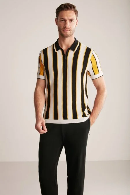 Çizgi Desen Siyah-Beyaz Triko Polo