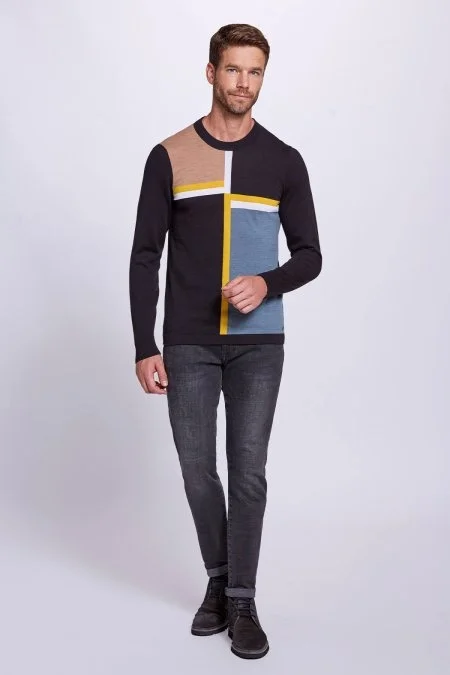 Çizgi Desen Yarım Balıkçı Yaka Siyah Triko