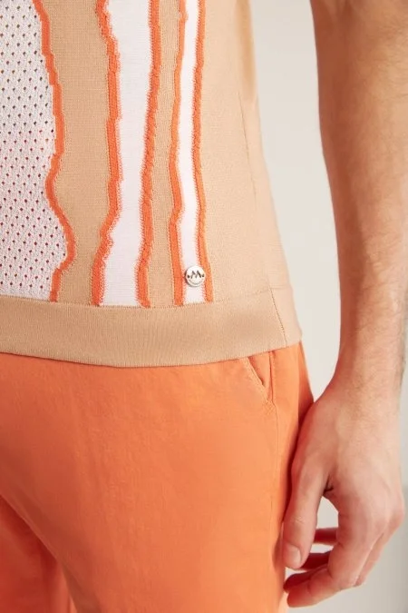 Çizgi Detaylı Kum Rengi Merserize Pamuk Triko Polo