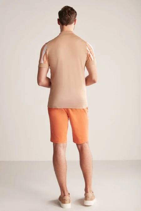 Çizgi Detaylı Kum Rengi Merserize Pamuk Triko Polo