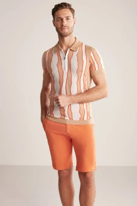 Çizgi Detaylı Kum Rengi Merserize Pamuk Triko Polo