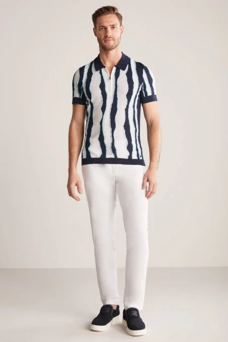Çizgi Detaylı Lacivert Merserize Pamuk Triko Polo