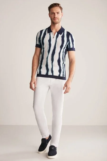 Çizgi Detaylı Lacivert Merserize Pamuk Triko Polo