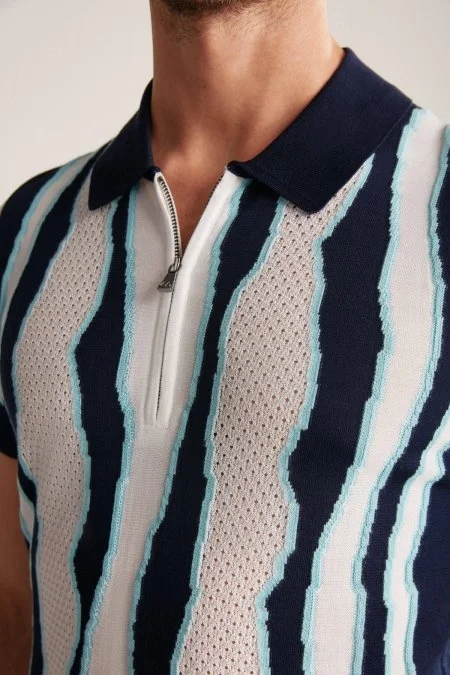 Çizgi Detaylı Lacivert Merserize Pamuk Triko Polo