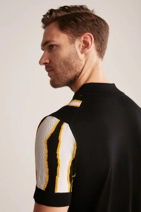 Çizgi Detaylı Siyah Merserize Pamuk Triko Polo