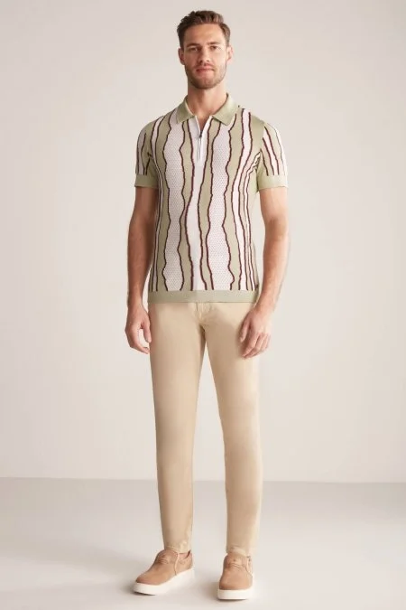 Çizgi Detaylı Yeşil Merserize Pamuk Triko Polo