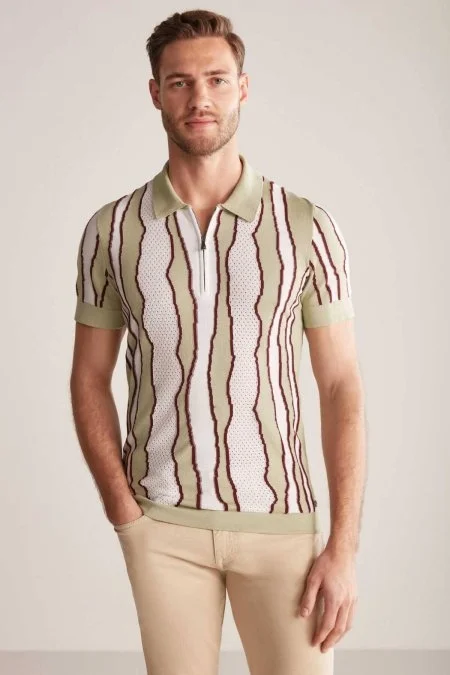 Çizgi Detaylı Yeşil Merserize Pamuk Triko Polo