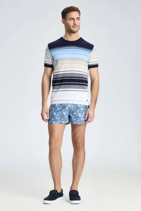 Beyaz-Mavi Desen Bisiklet Yaka Saf Pamuk Triko T-Shirt