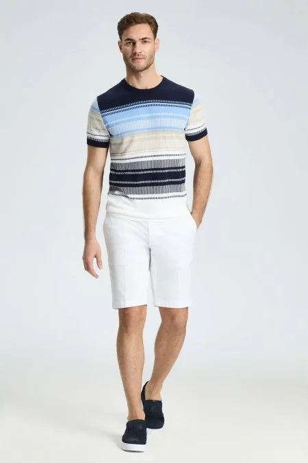 Beyaz-Mavi Desen Bisiklet Yaka Saf Pamuk Triko T-Shirt