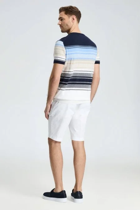 Beyaz-Mavi Desen Bisiklet Yaka Saf Pamuk Triko T-Shirt