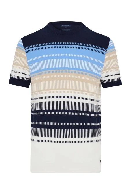 Beyaz-Mavi Desen Bisiklet Yaka Saf Pamuk Triko T-Shirt