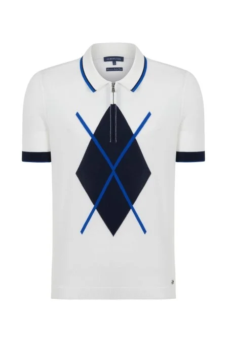 Desenli Fermuar Detaylı Beyaz Triko Polo