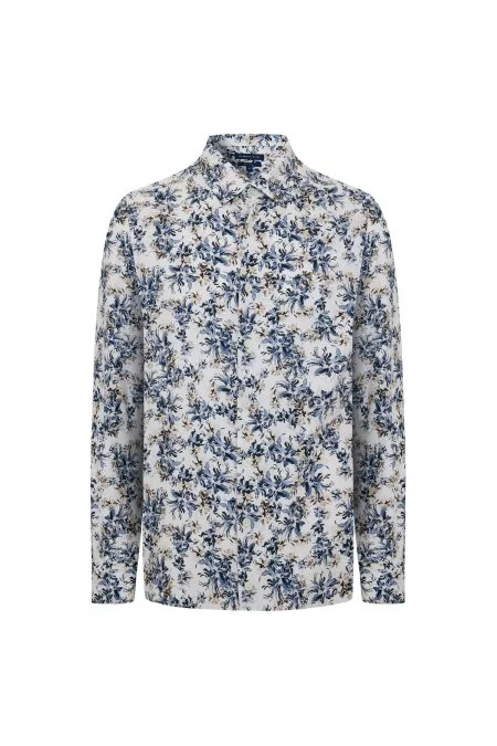 Flower Desen Gizli Düğme Lacivert Saf Pamuk Gömlek