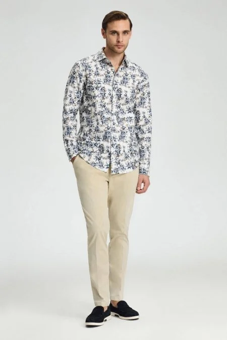 Flower Desen Gizli Düğme Lacivert Saf Pamuk Gömlek