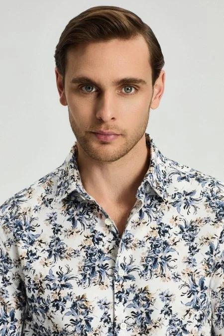 Flower Desen Gizli Düğme Lacivert Saf Pamuk Gömlek