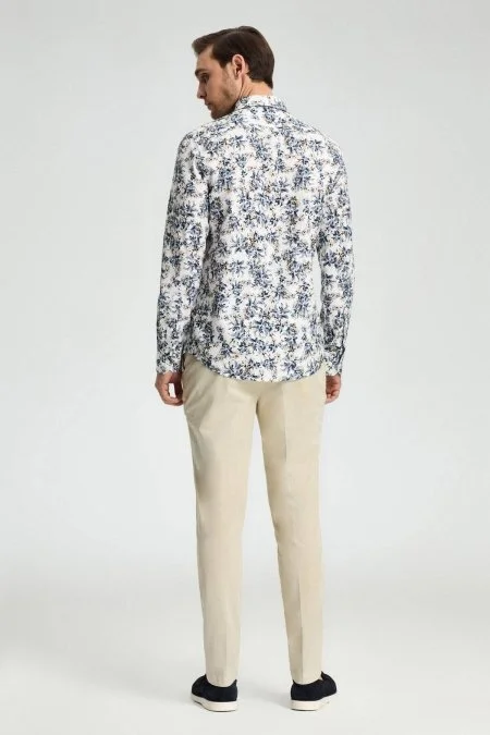 Flower Desen Gizli Düğme Lacivert Saf Pamuk Gömlek