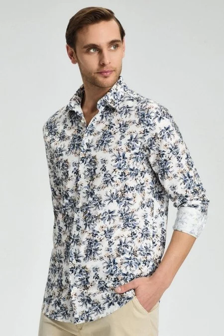 Flower Desen Gizli Düğme Lacivert Saf Pamuk Gömlek
