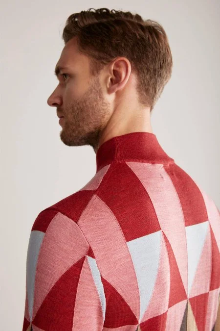 Desenli Kahverengi-Pembe Lupetto Yaka Merino Yün Triko