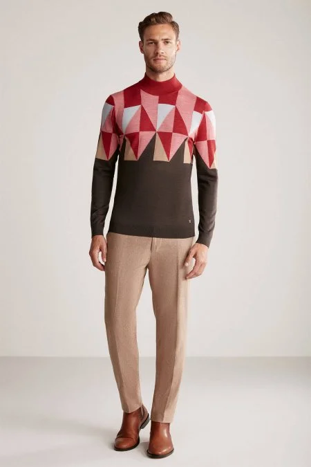 Desenli Kahverengi-Pembe Lupetto Yaka Merino Yün Triko