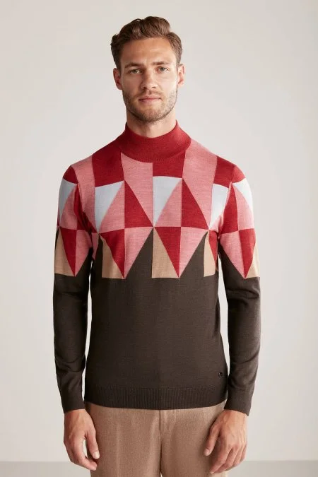 Desenli Kahverengi-Pembe Lupetto Yaka Merino Yün Triko