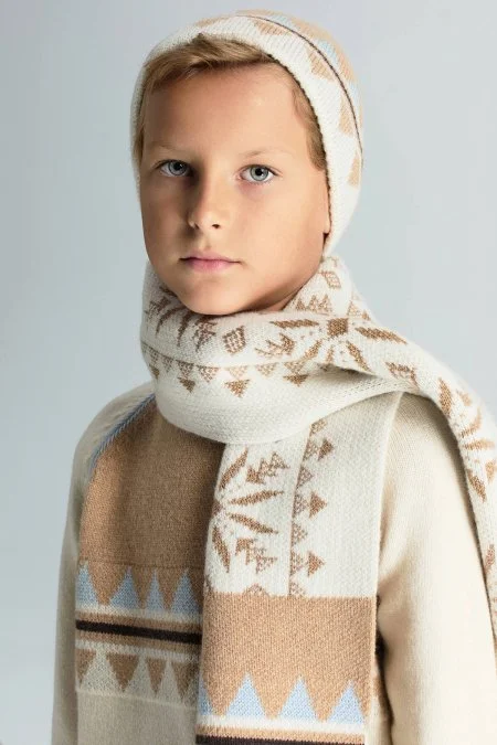 Desenli Kaşmir Karışım Ekru Çocuk Bere