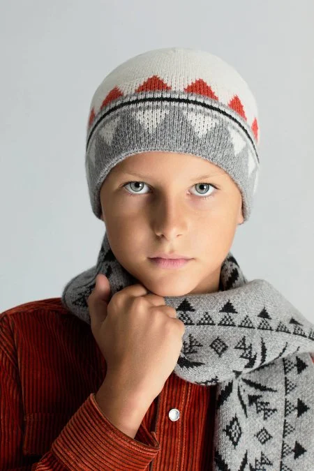 Desenli Kaşmir Karışım Gri Çocuk Atkı