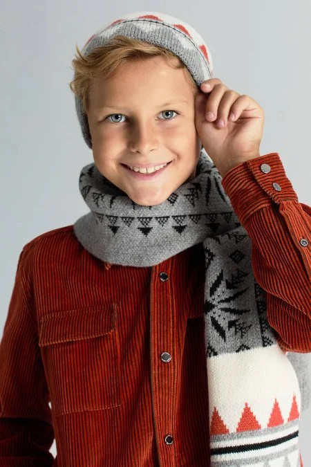 Desenli Kaşmir Karışım Gri Çocuk Bere