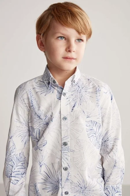 Desenli Keten Pamuk Karışım Beyaz Çocuk Spor Gömlek