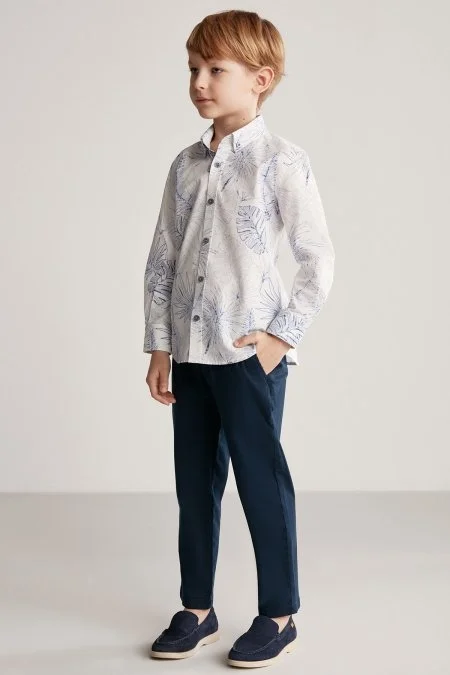 Desenli Keten Pamuk Karışım Beyaz Çocuk Spor Gömlek