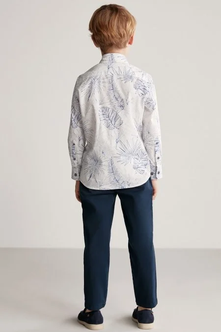 Desenli Keten Pamuk Karışım Beyaz Çocuk Spor Gömlek