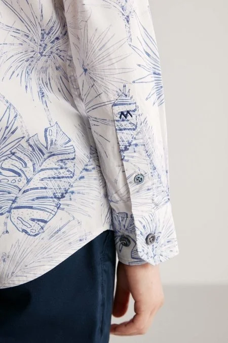 Desenli Keten Pamuk Karışım Beyaz Çocuk Spor Gömlek